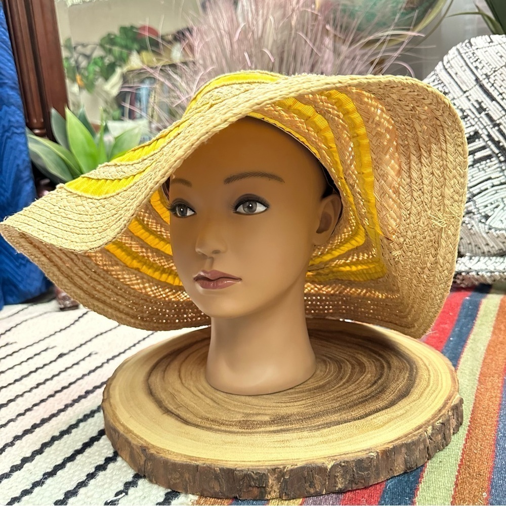 Bettina Italy vintage inspired tan & yellow straw floppy hat in VGUC - Picture 6 of 15